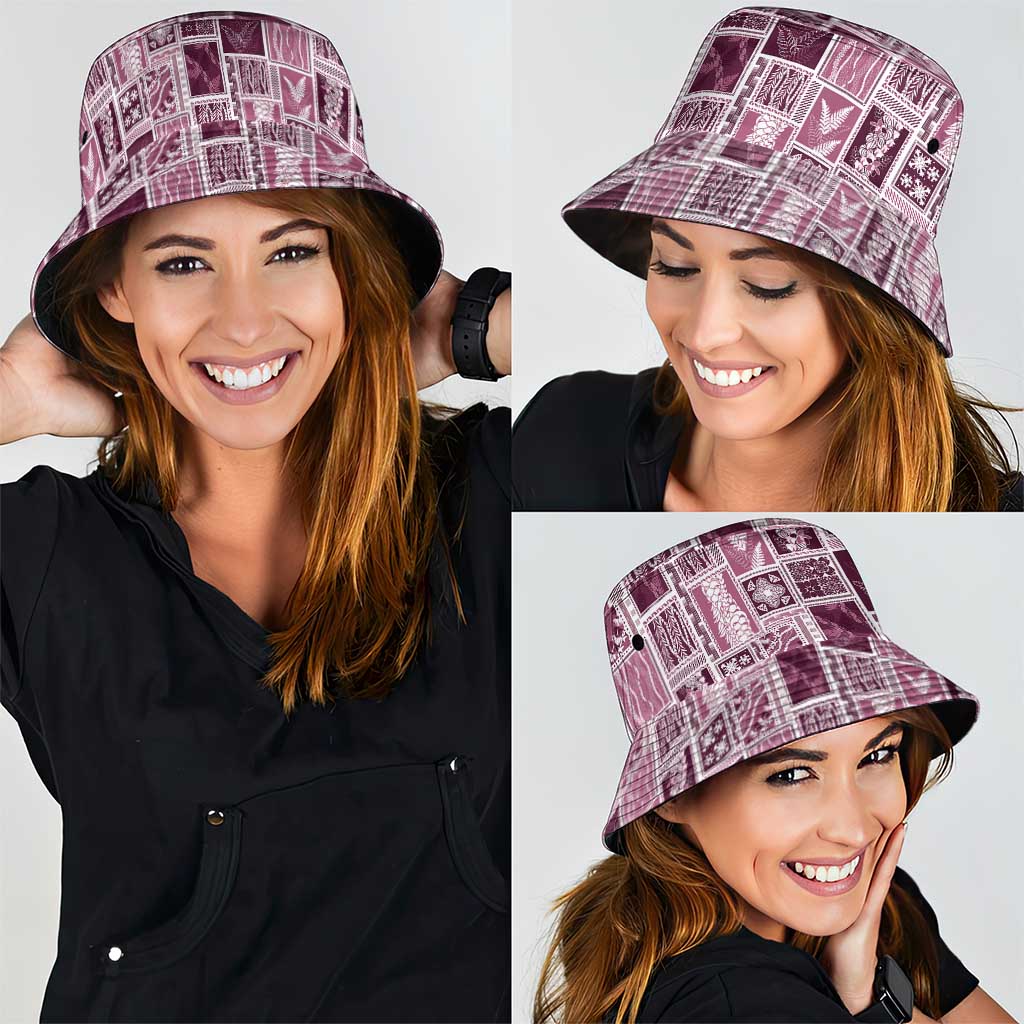 Vintage Aloha Block Quilt Bucket Hat Pink Inspired Lei Motifs - Polynesian Pride