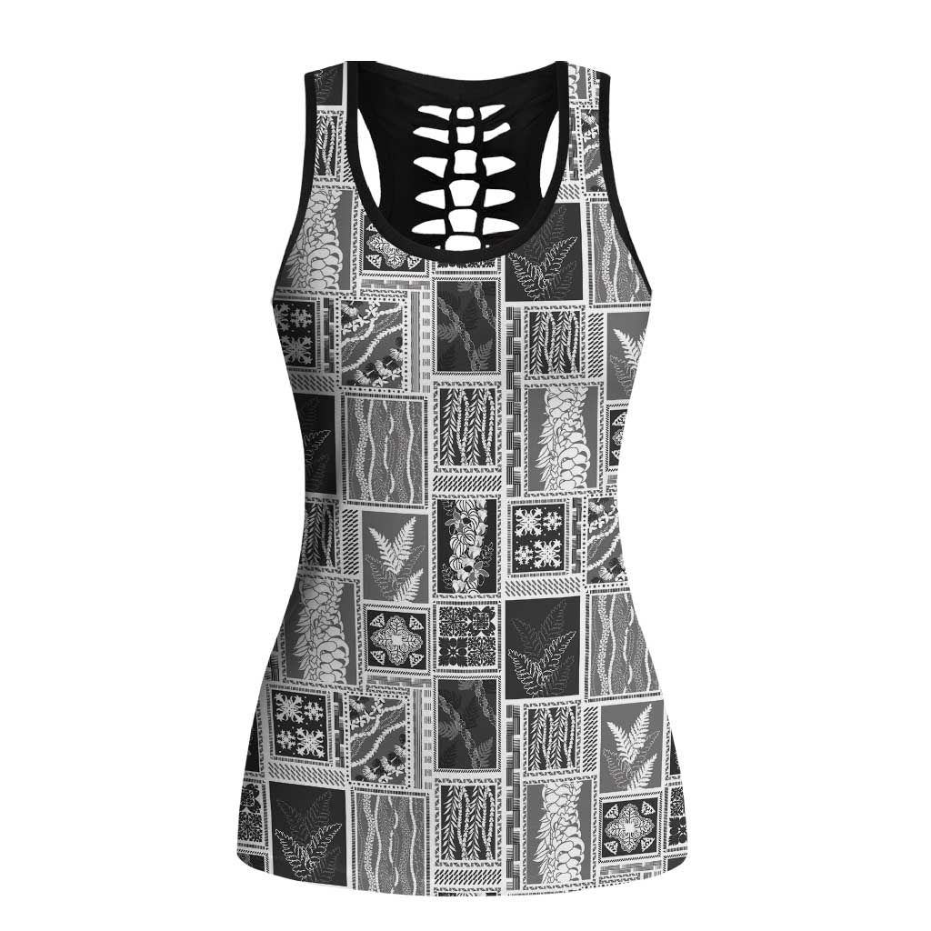 Vintage Aloha Block Quilt Hollow Tank Top Black Inspired Lei Motifs - Polynesian Pride