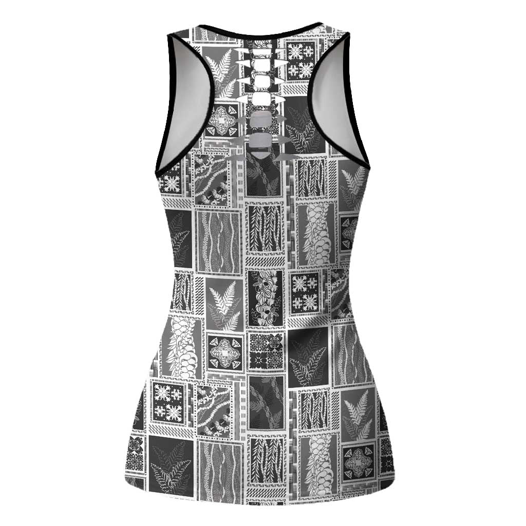 Vintage Aloha Block Quilt Hollow Tank Top Black Inspired Lei Motifs - Polynesian Pride