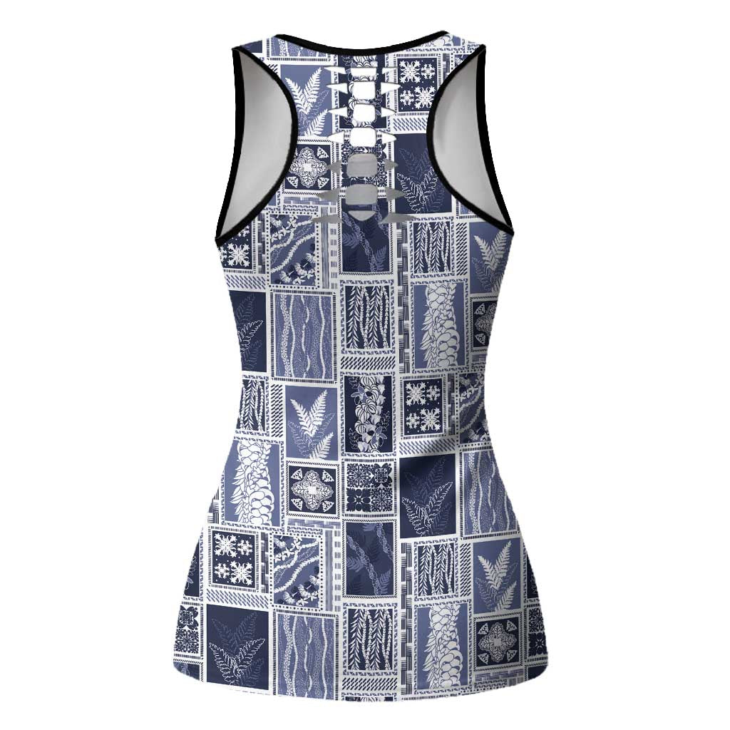 Vintage Aloha Block Quilt Hollow Tank Top Blue Inspired Lei Motifs - Polynesian Pride