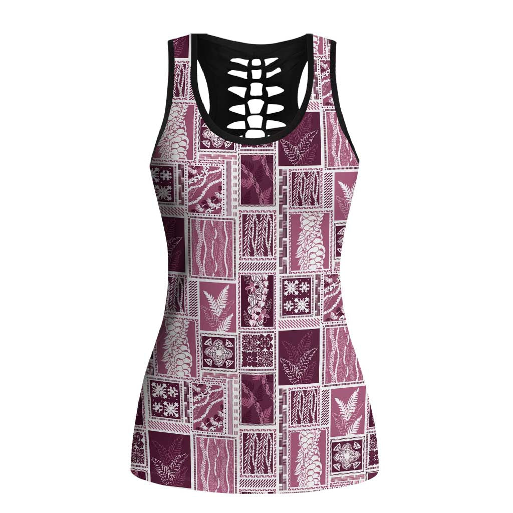 Vintage Aloha Block Quilt Hollow Tank Top Pink Inspired Lei Motifs - Polynesian Pride