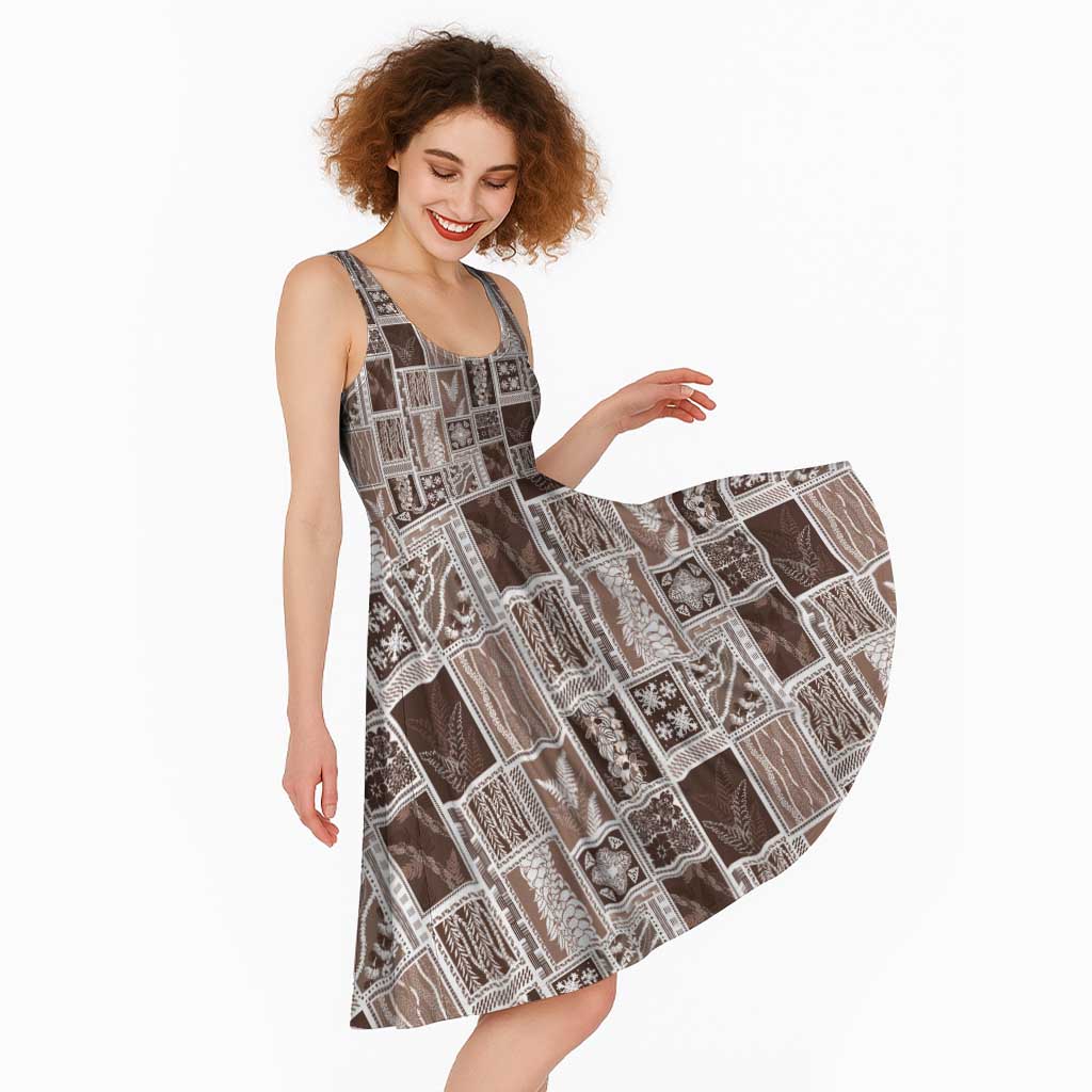 Vintage Aloha Block Quilt Midi Dress Beige Inspired Lei Motifs - Polynesian Pride