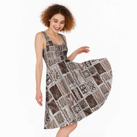 Vintage Aloha Block Quilt Midi Dress Beige Inspired Lei Motifs - Polynesian Pride