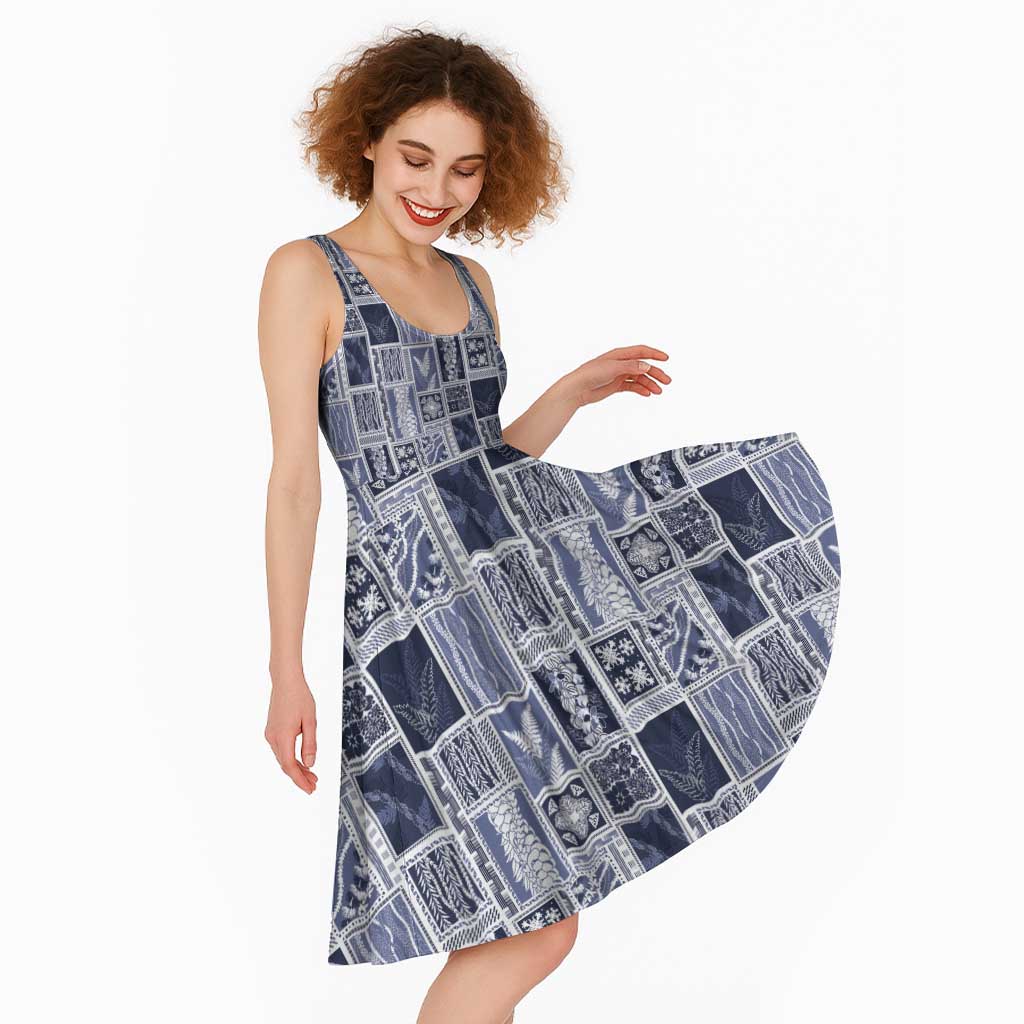 Vintage Aloha Block Quilt Midi Dress Blue Inspired Lei Motifs - Polynesian Pride
