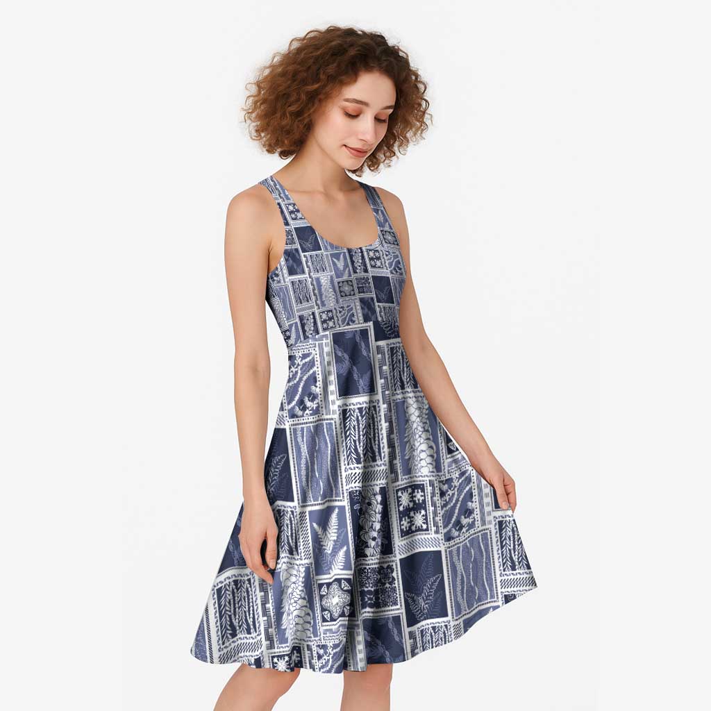 Vintage Aloha Block Quilt Midi Dress Blue Inspired Lei Motifs - Polynesian Pride