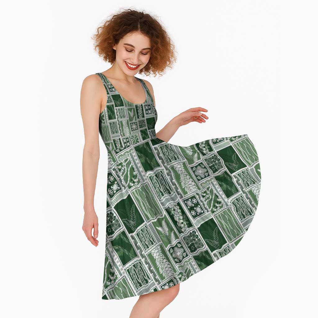 Vintage Aloha Block Quilt Midi Dress Green Inspired Lei Motifs - Polynesian Pride