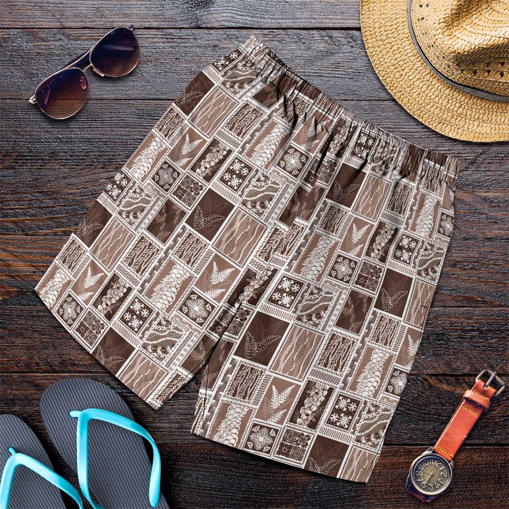 Vintage Aloha Block Quilt Shorts for Men Beige Inspired Lei Motifs - Polynesian Pride