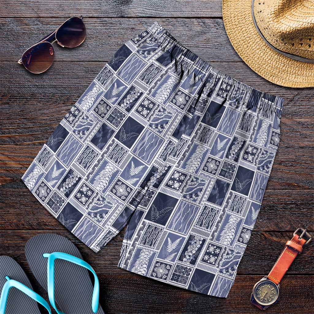 Vintage Aloha Block Quilt Shorts for Men Blue Inspired Lei Motifs - Polynesian Pride