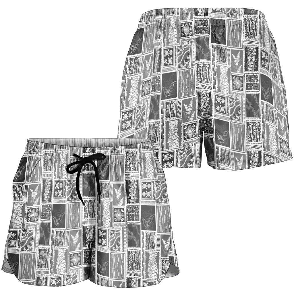 Vintage Aloha Block Quilt Shorts for Women Black Inspired Lei Motifs - Polynesian Pride