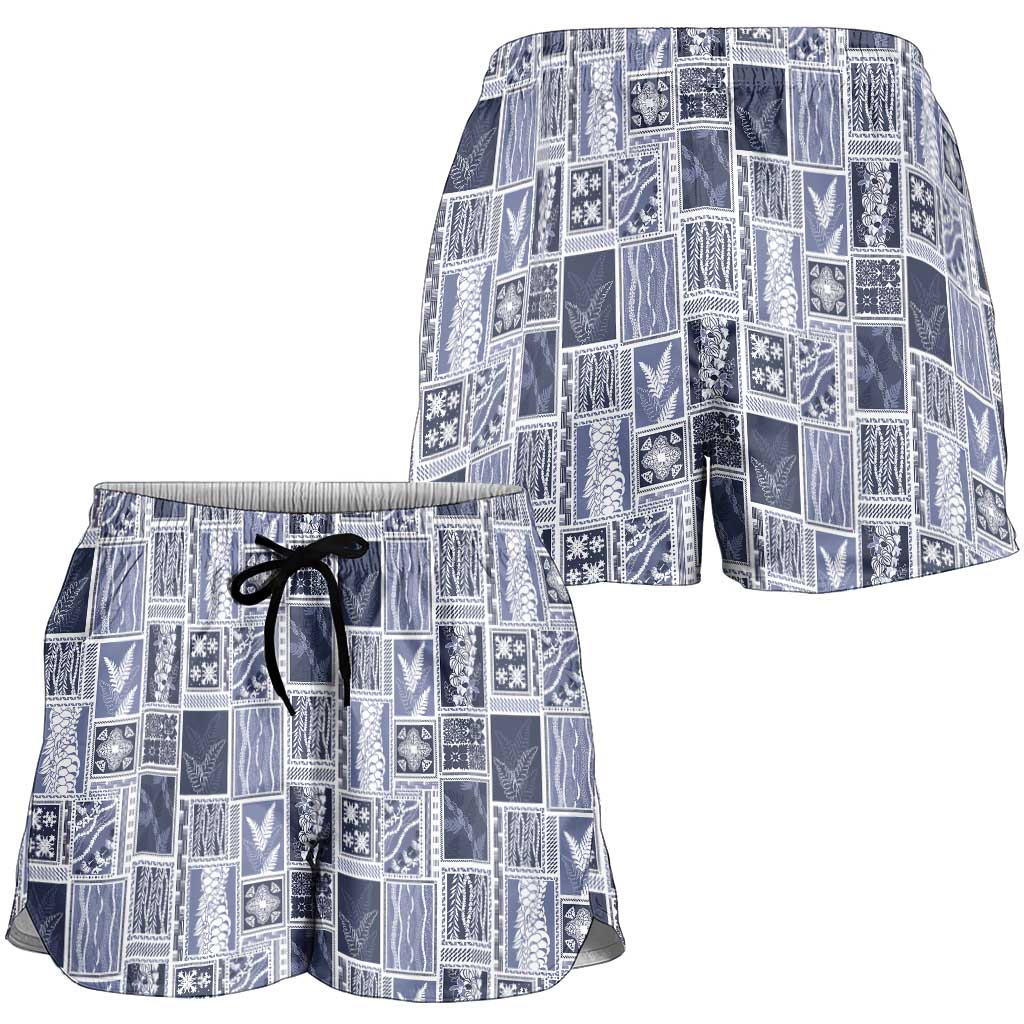 Vintage Aloha Block Quilt Shorts for Women Blue Inspired Lei Motifs - Polynesian Pride