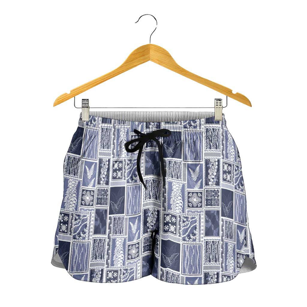 Vintage Aloha Block Quilt Shorts for Women Blue Inspired Lei Motifs - Polynesian Pride