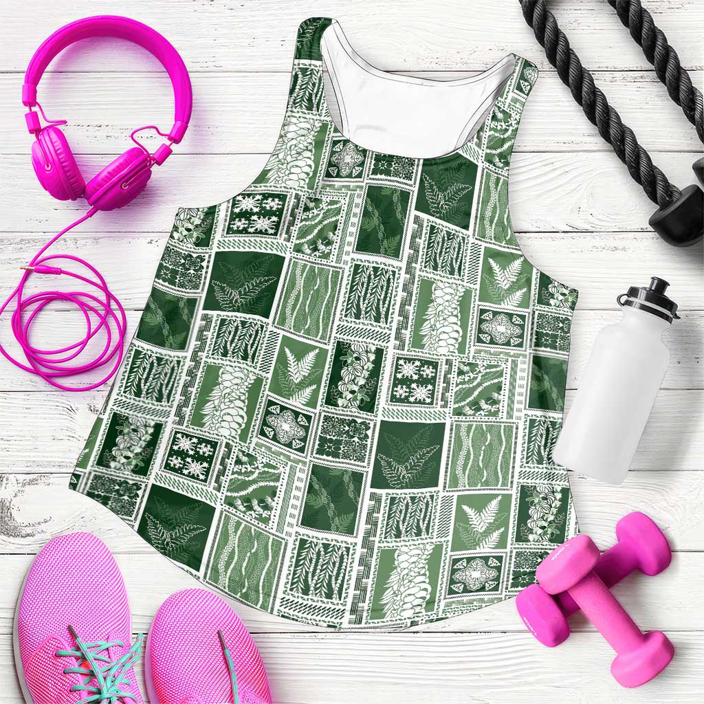 Vintage Aloha Block Quilt Women Racerback Tank Green Inspired Lei Motifs LT9 Green - Polynesian Pride