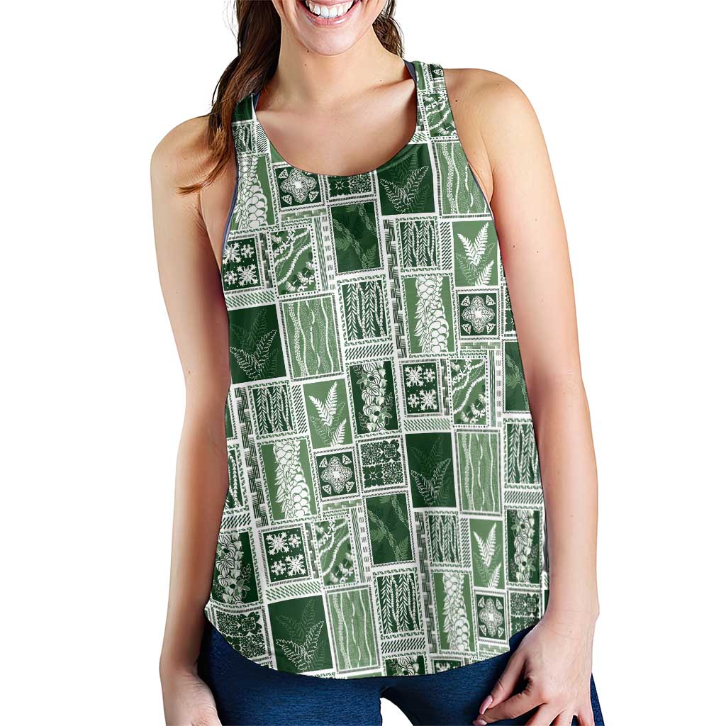 Vintage Aloha Block Quilt Women Racerback Tank Green Inspired Lei Motifs LT9 - Polynesian Pride