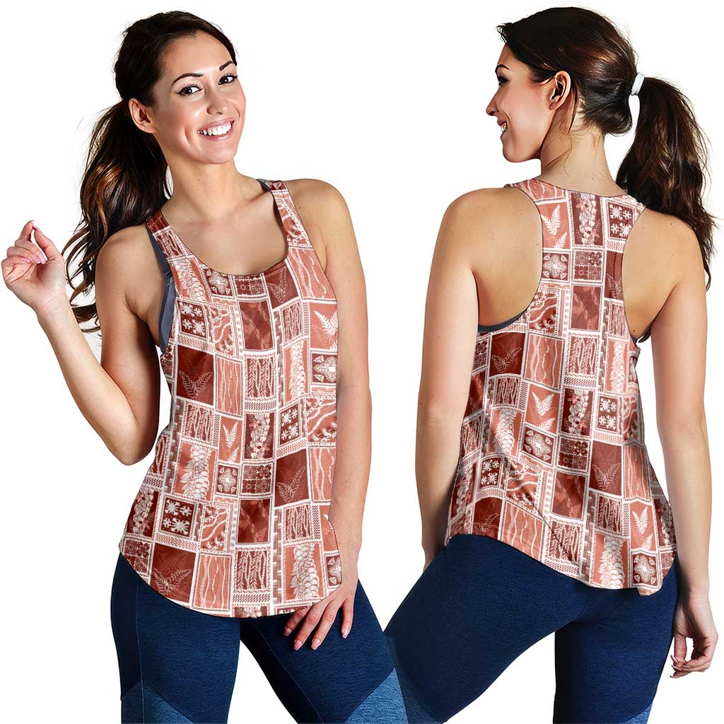 Vintage Aloha Block Quilt Women Racerback Tank Red Inspired Lei Motifs - Polynesian Pride