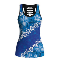 Vintage Blue Polynesia Hollow Tank Top Plumeria With Hibiscus Tropical Vibes - Polynesian Pride