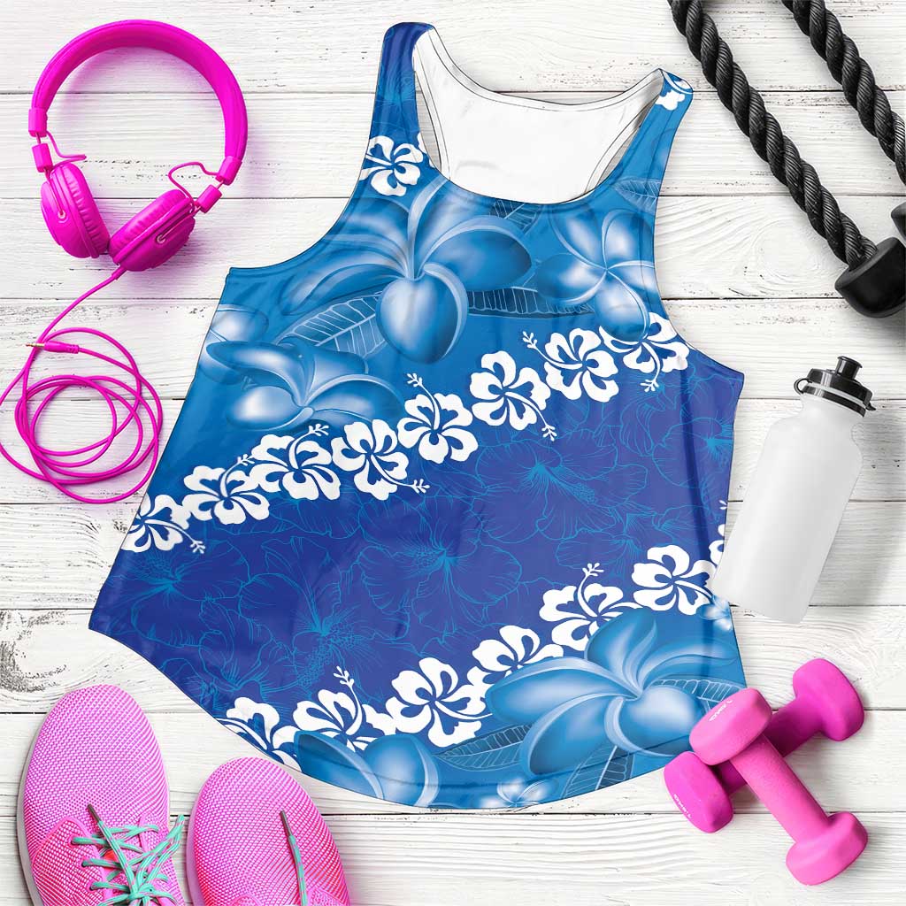 Vintage Blue Polynesia Women Racerback Tank Plumeria With Hibiscus Tropical Vibes - Polynesian Pride