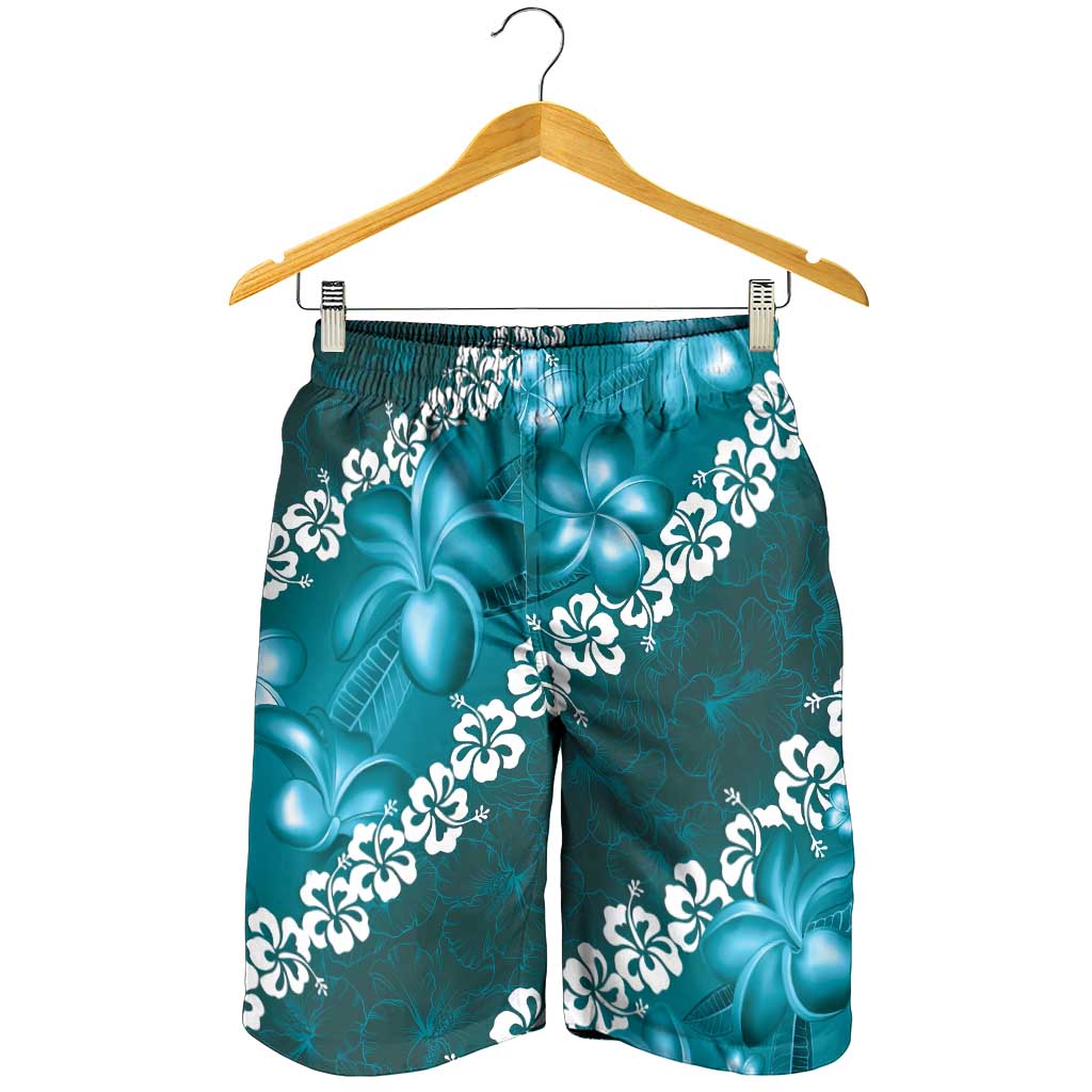 Vintage Dark Cyan Polynesia Shorts for Men Plumeria With Hibiscus Tropical Vibes - Polynesian Pride