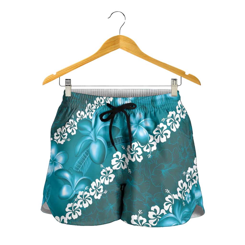 Vintage Dark Cyan Polynesia Shorts for Women Plumeria With Hibiscus Tropical Vibes - Polynesian Pride