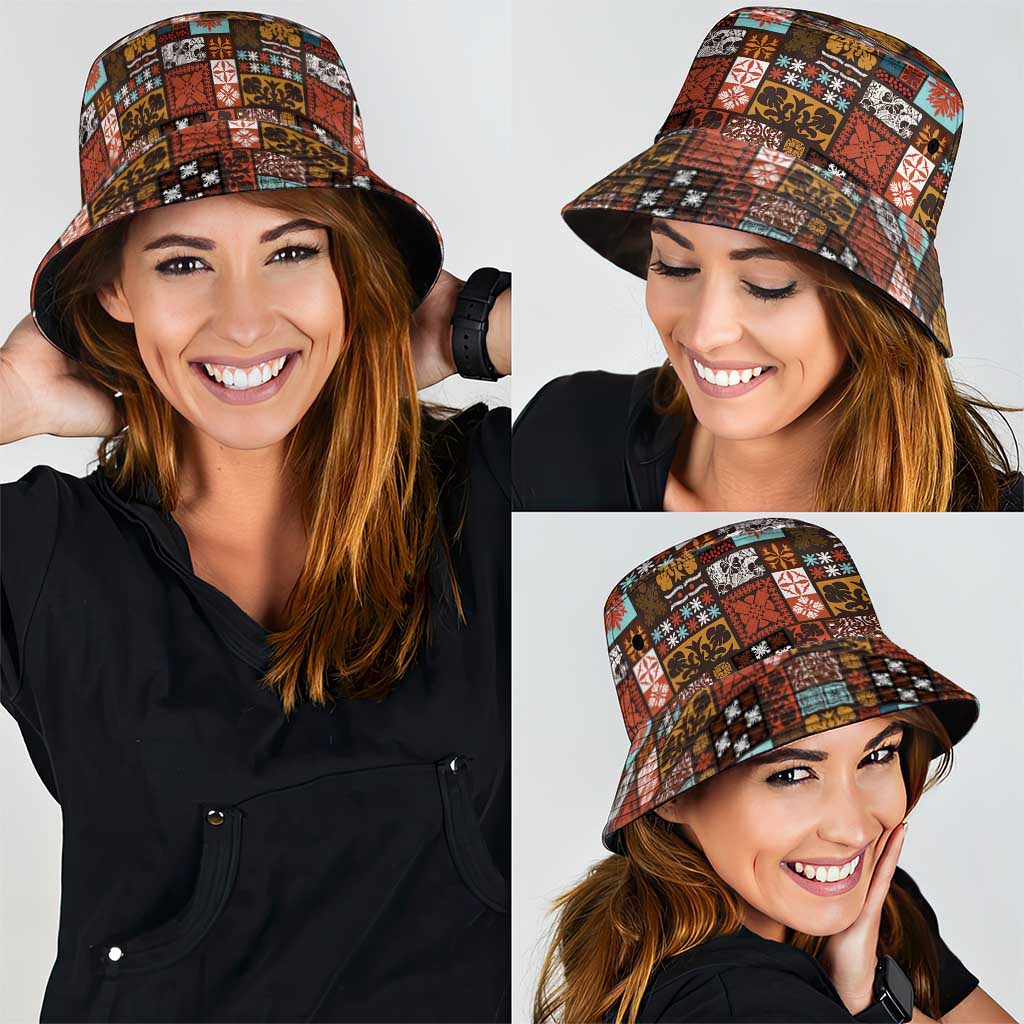 Vintage Hawaiian Quilting Patterns Bucket Hat Brown Style Tribal Fabric Patchwork - Polynesian Pride