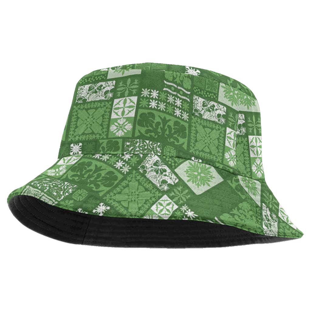 Vintage Hawaiian Quilting Patterns Bucket Hat Green Style Tribal Fabric Patchwork - Polynesian Pride