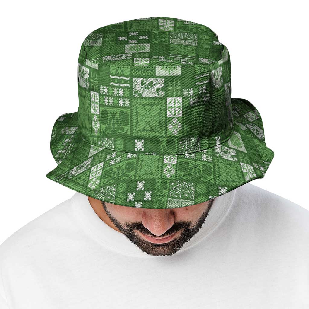 Vintage Hawaiian Quilting Patterns Bucket Hat Green Style Tribal Fabric Patchwork - Polynesian Pride