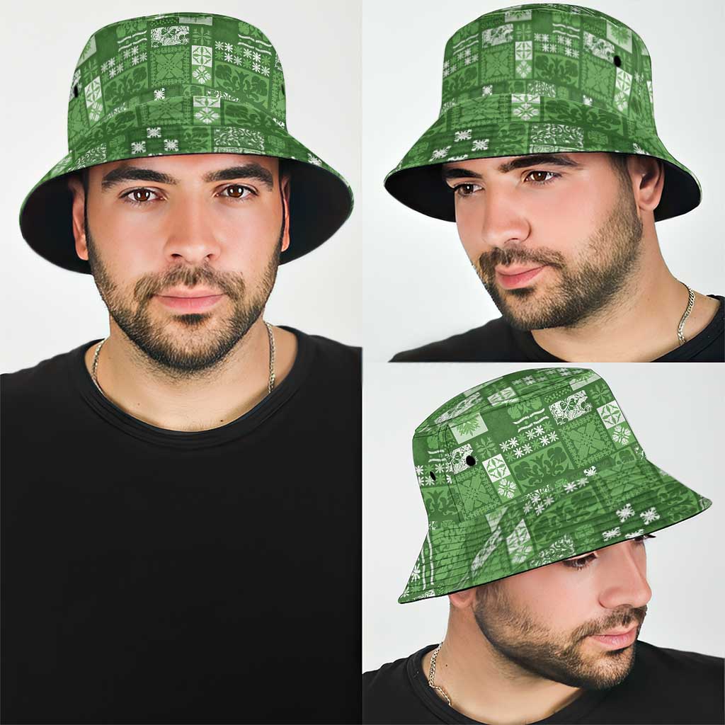 Vintage Hawaiian Quilting Patterns Bucket Hat Green Style Tribal Fabric Patchwork - Polynesian Pride