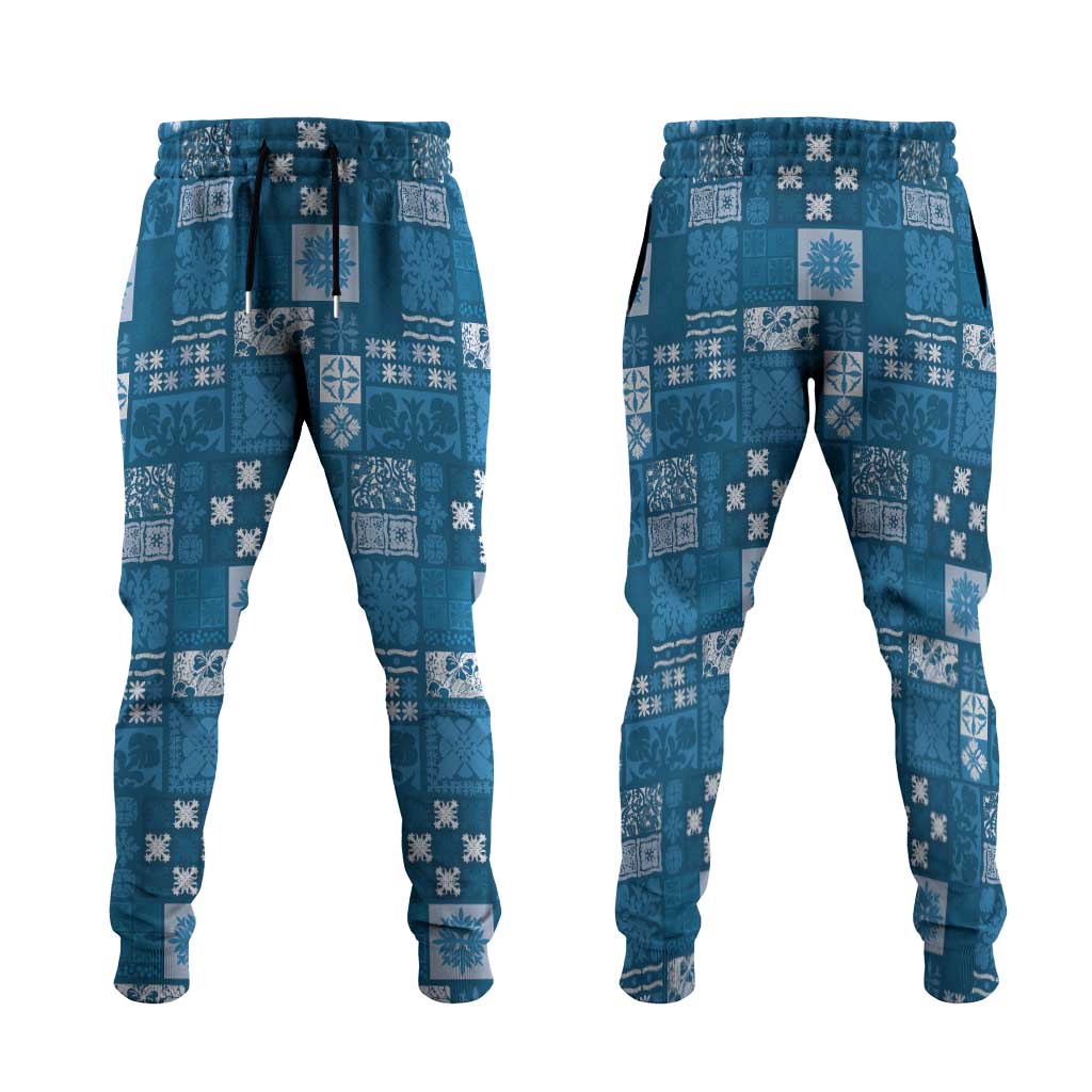 Vintage Hawaiian Quilting Patterns Jogger Pants Blue Style Tribal Fabric Patchwork - Polynesian Pride