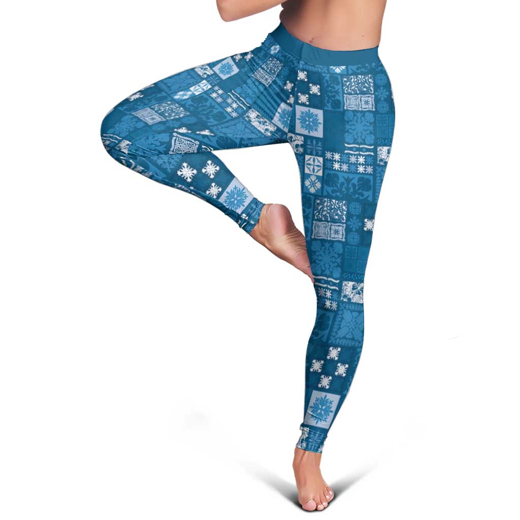 Vintage Hawaiian Quilting Patterns Leggings Blue Style Tribal Fabric Patchwork - Polynesian Pride
