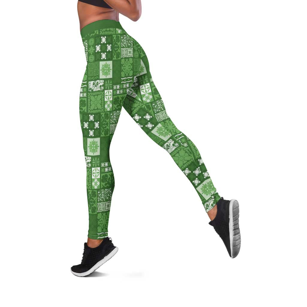 Vintage Hawaiian Quilting Patterns Leggings Green Style Tribal Fabric Patchwork - Polynesian Pride