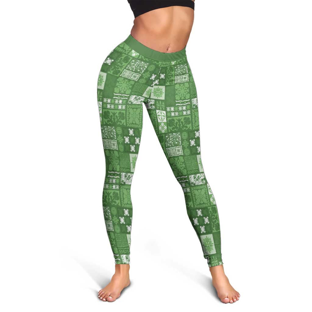 Vintage Hawaiian Quilting Patterns Leggings Green Style Tribal Fabric Patchwork - Polynesian Pride