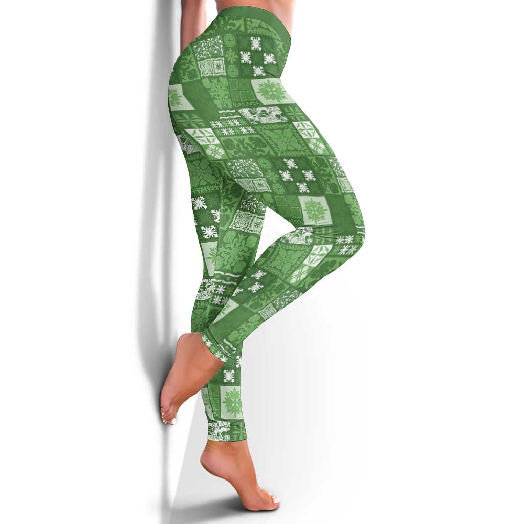 Vintage Hawaiian Quilting Patterns Leggings Green Style Tribal Fabric Patchwork - Polynesian Pride