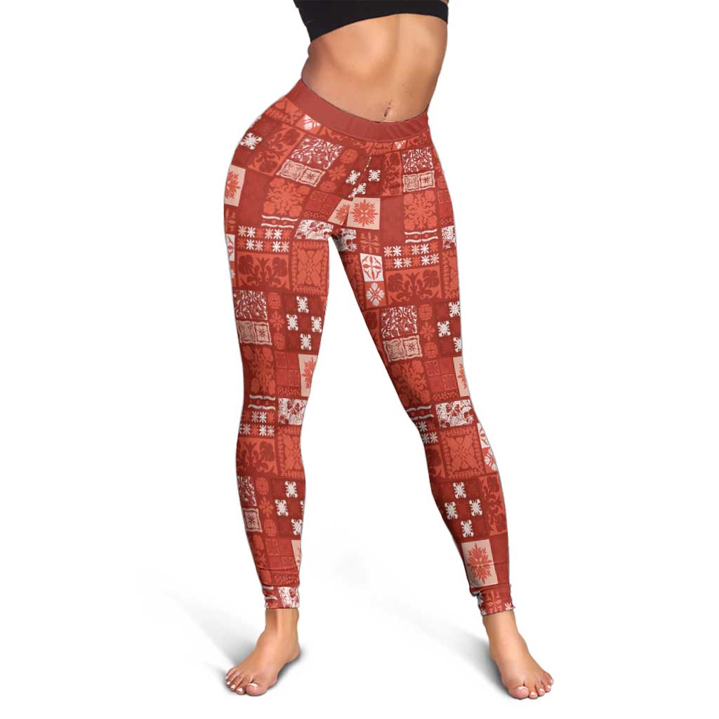 Vintage Hawaiian Quilting Patterns Leggings Red Style Tribal Fabric Patchwork - Polynesian Pride