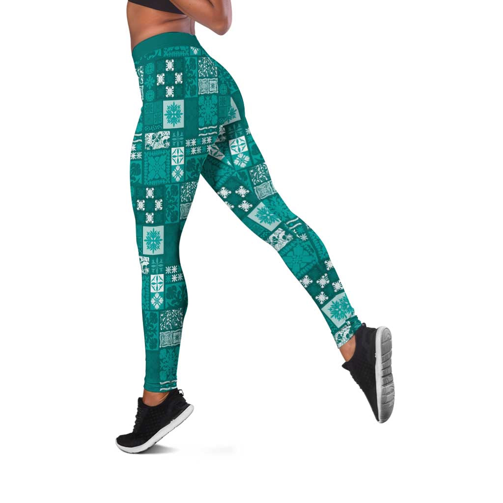 Vintage Hawaiian Quilting Patterns Leggings Turquoise Style Tribal Fabric Patchwork - Polynesian Pride