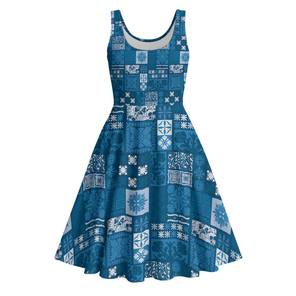 Vintage Hawaiian Quilting Patterns Midi Dress Blue Style Tribal Fabric Patchwork - Polynesian Pride