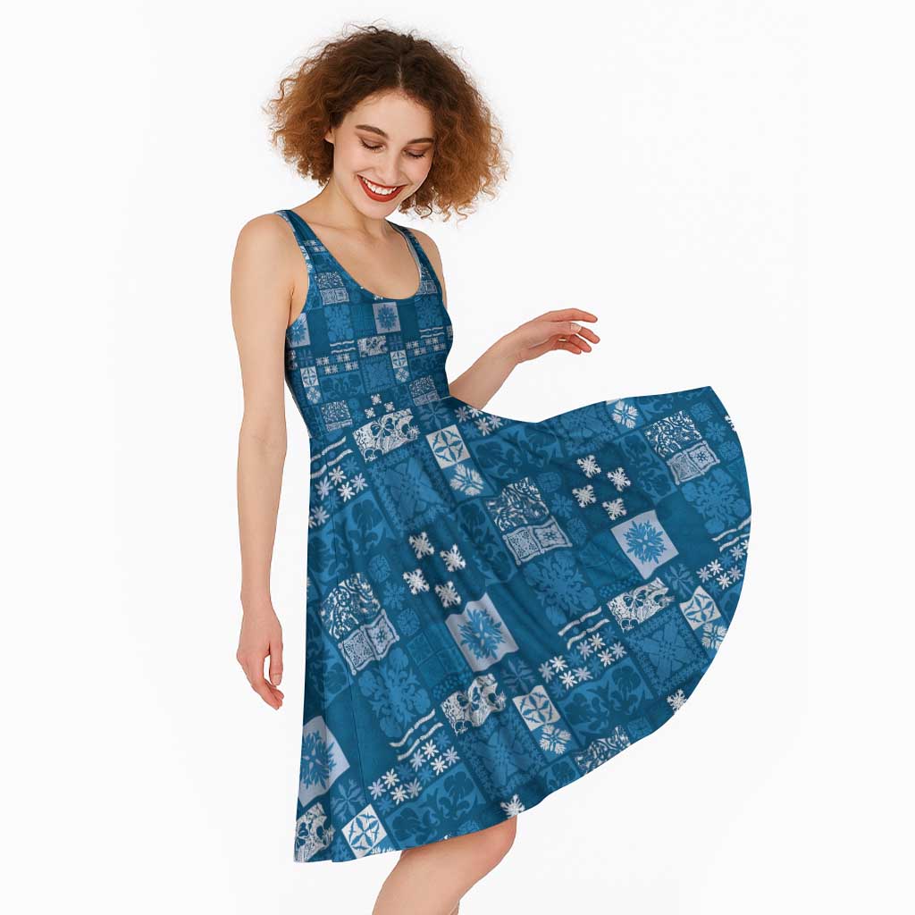 Vintage Hawaiian Quilting Patterns Midi Dress Blue Style Tribal Fabric Patchwork - Polynesian Pride