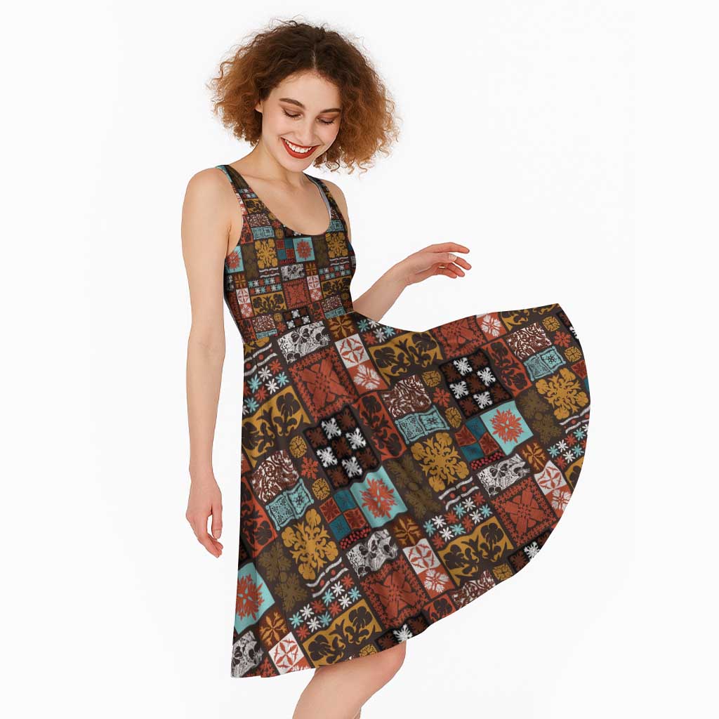 Vintage Hawaiian Quilting Patterns Midi Dress Brown Style Tribal Fabric Patchwork - Polynesian Pride