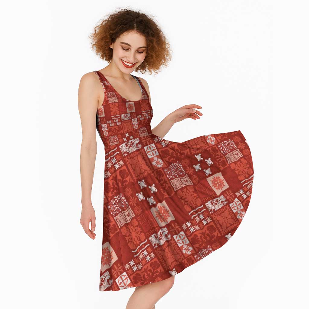 Vintage Hawaiian Quilting Patterns Midi Dress Red Style Tribal Fabric Patchwork - Polynesian Pride