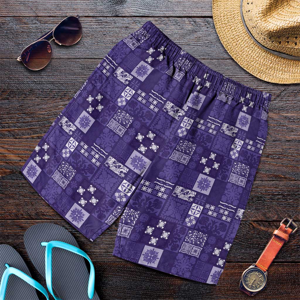 Vintage Hawaiian Quilting Patterns Shorts for Men Purple Style Tribal Fabric Patchwork - Polynesian Pride