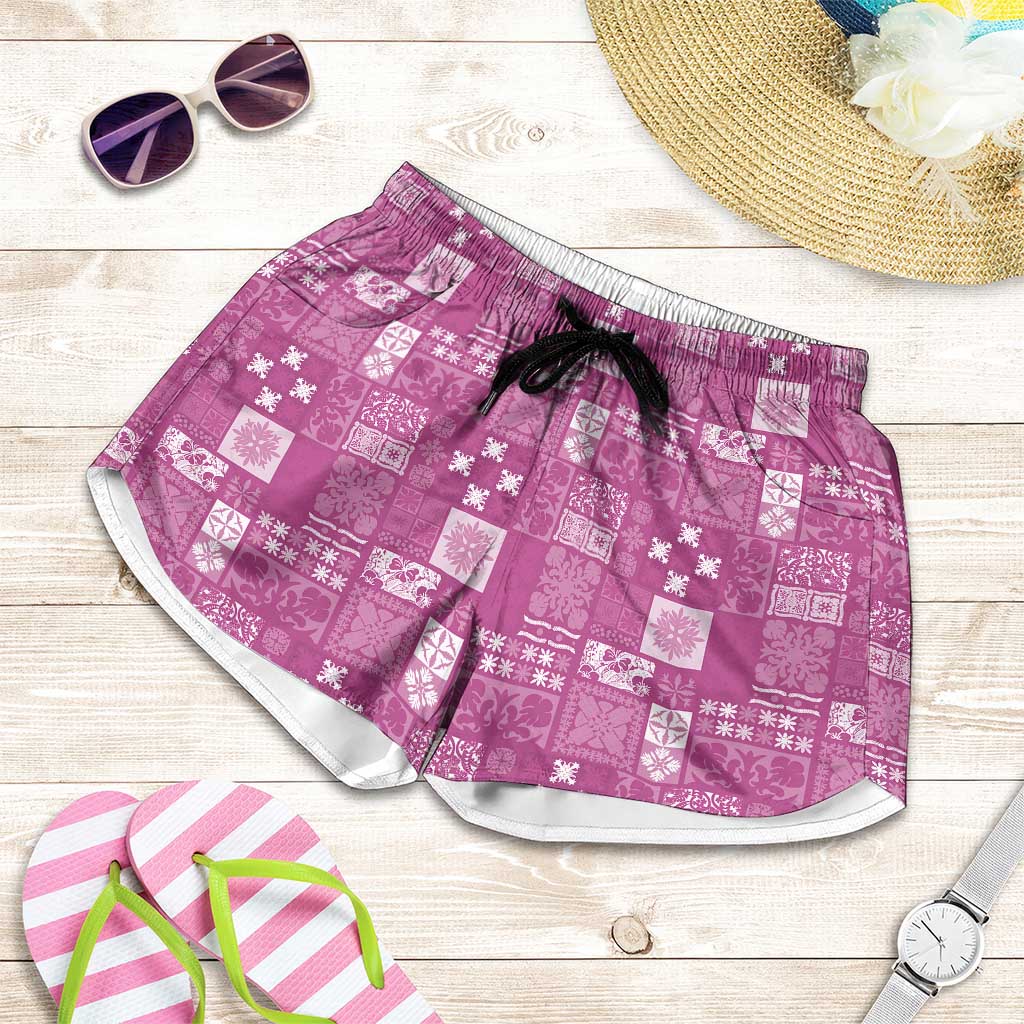 Vintage Hawaiian Quilting Patterns Shorts for Women Pink Style Tribal Fabric Patchwork - Polynesian Pride