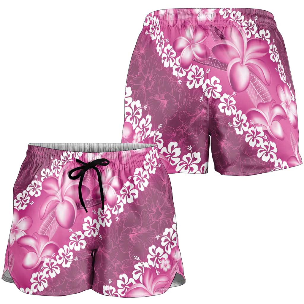 Vintage Pink Polynesia Shorts for Women Plumeria With Hibiscus Tropical Vibes - Polynesian Pride