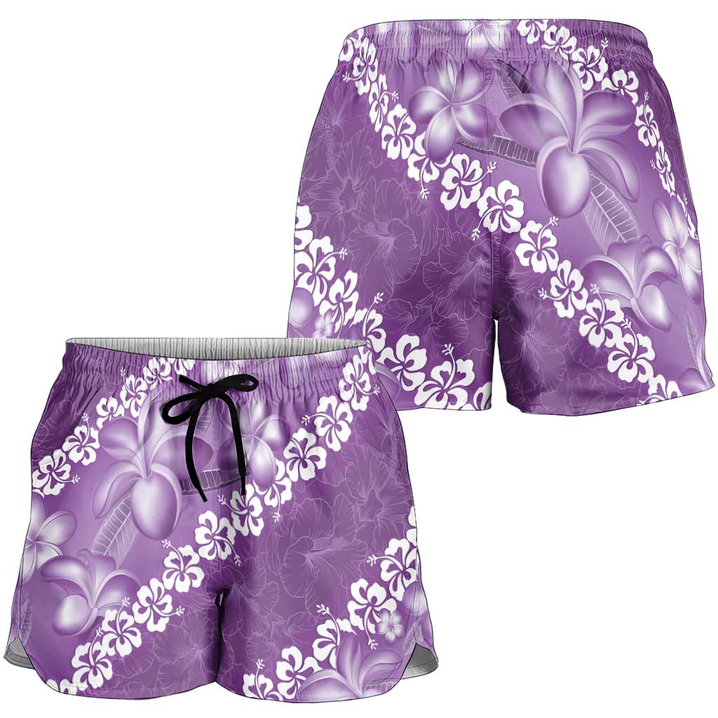 Vintage Purple Polynesia Shorts for Women Plumeria With Hibiscus Tropical Vibes - Polynesian Pride