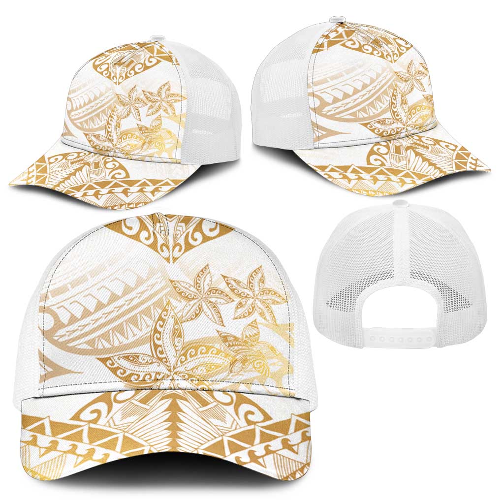 White and Gold Polynesia Mesh Trucker Cap Plumeria Tattoo With Polynesian Pattern - Polynesian Pride