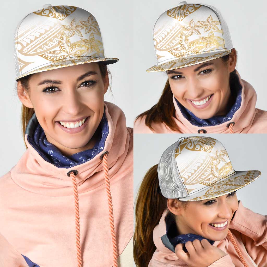 White and Gold Polynesia Mesh Trucker Cap Plumeria Tattoo With Polynesian Pattern - Polynesian Pride