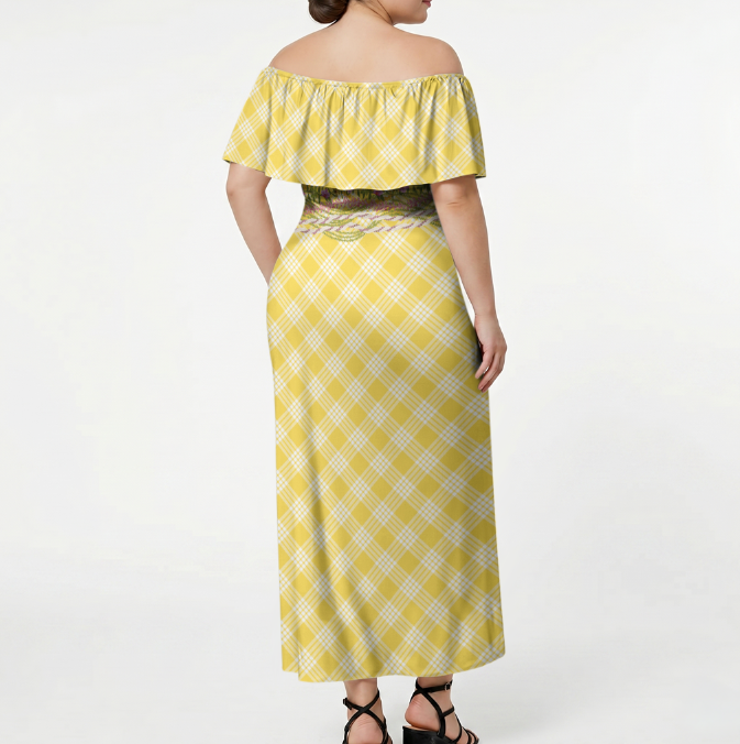 Yellow Hawaii Palaka Pikake Lokelani Plumeria Off Shoulder Maxi Dress Melemele LT01 - Polynesian Pride