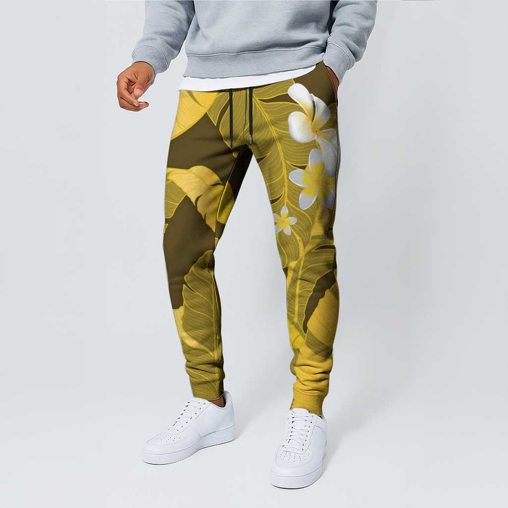 Yellow Banana Leaf Hawaii Jogger Pants Lau Maia Plumeria Tropical Summer Vibes LT14 - Polynesian Pride
