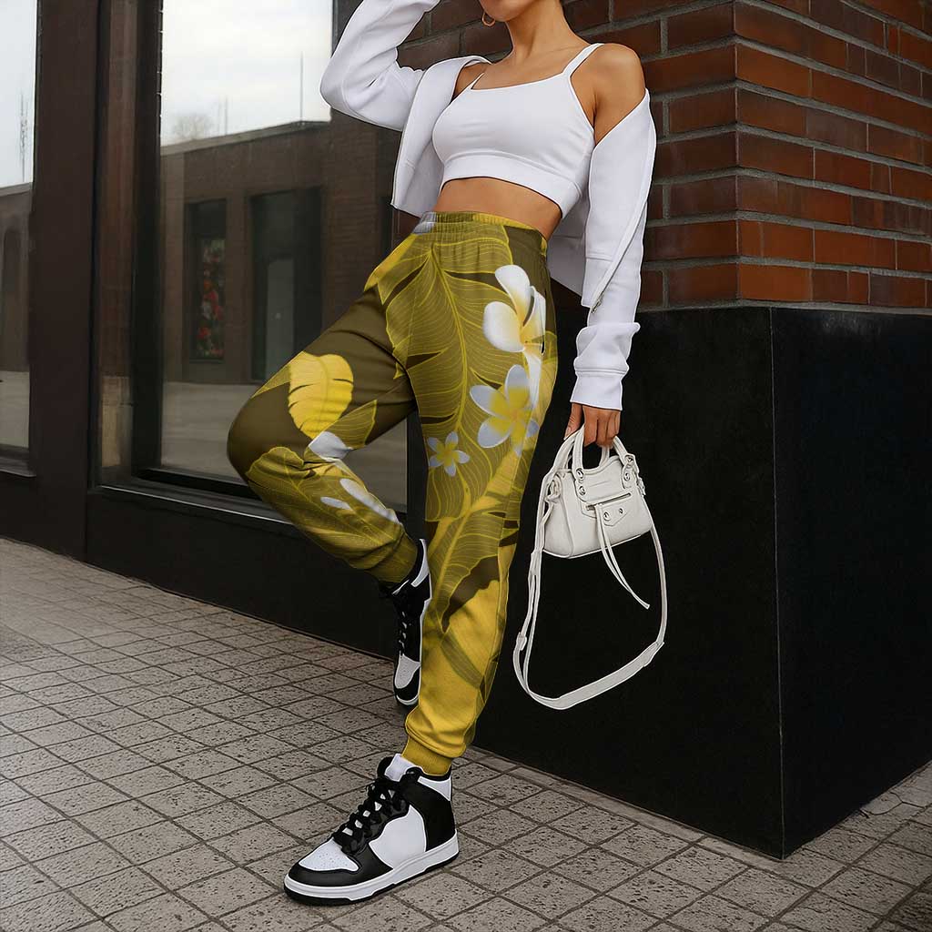 Yellow Banana Leaf Hawaii Jogger Pants Lau Maia Plumeria Tropical Summer Vibes LT14 - Polynesian Pride