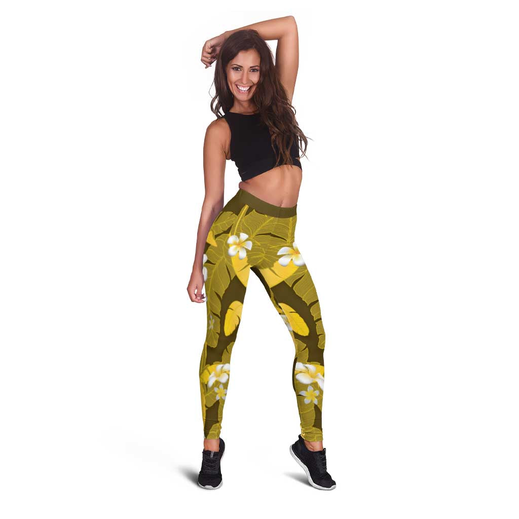 Yellow Banana Leaf Hawaii Leggings Lau Maia Plumeria Tropical Summer Vibes LT14 - Polynesian Pride