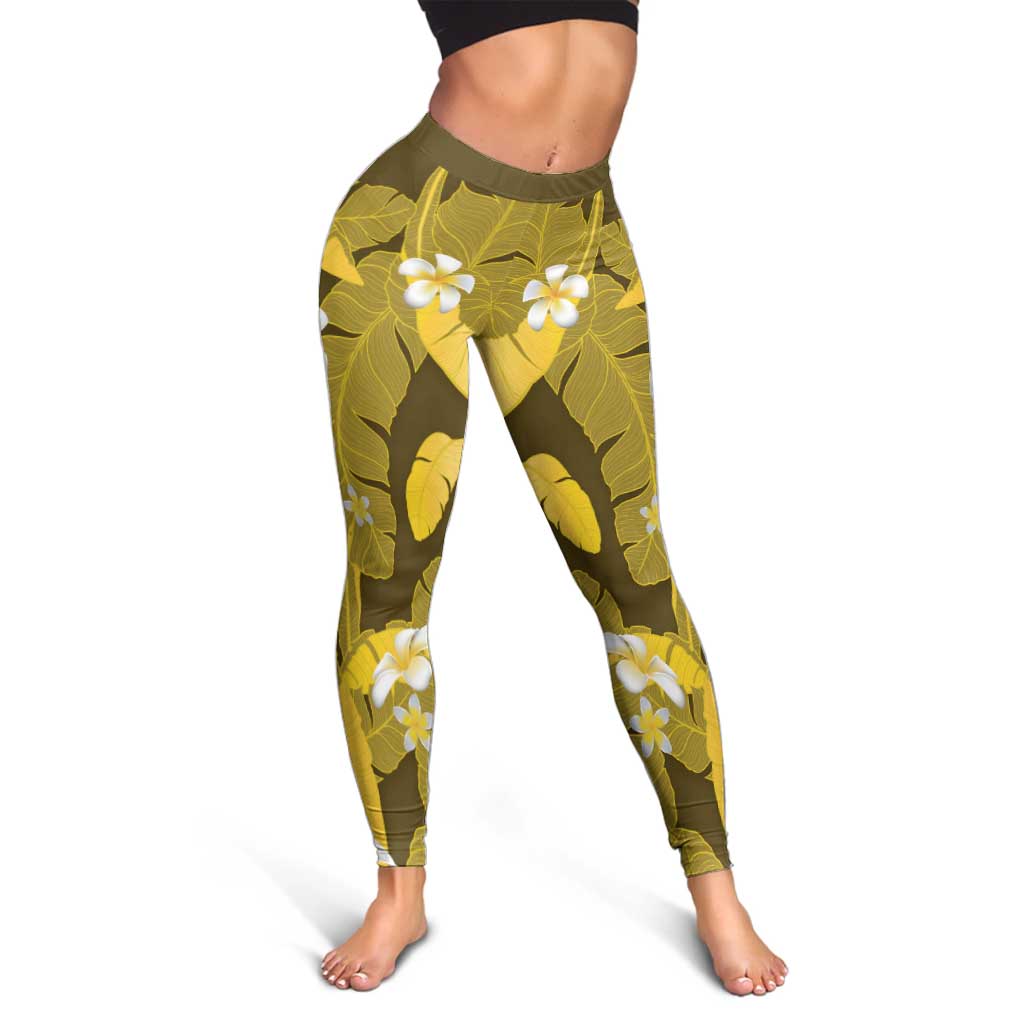 Yellow Banana Leaf Hawaii Leggings Lau Maia Plumeria Tropical Summer Vibes LT14 - Polynesian Pride