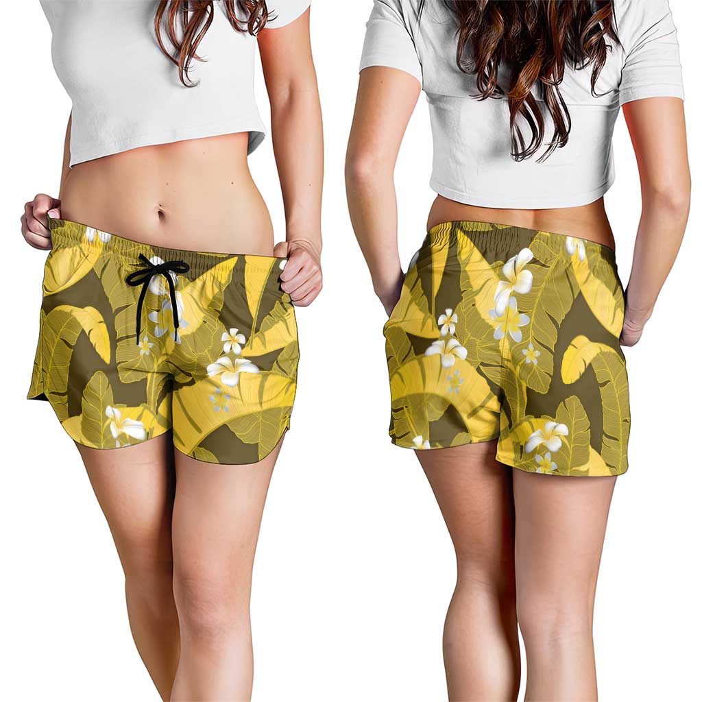 Yellow Banana Leaf Hawaii Shorts for Women Lau Maia Plumeria Tropical Summer Vibes LT14 - Polynesian Pride