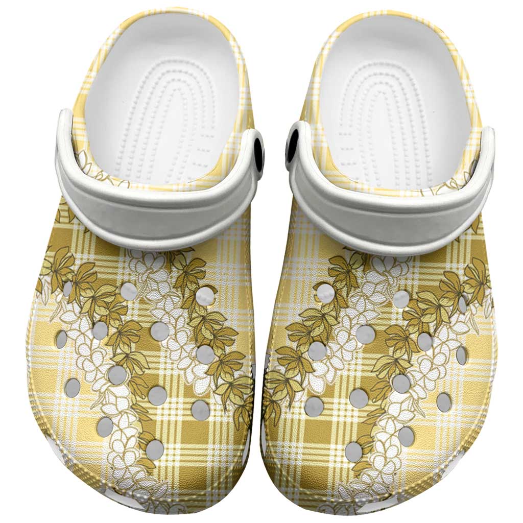 Yellow Hawaii Palaka Clogs Shoes Hawaiian Honohono Lei